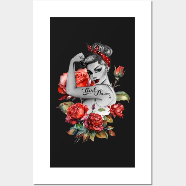 Red Roses and Ladybug Girl Power by Anne Cha Modern Rosie the Riveter Wall Art by annechaart